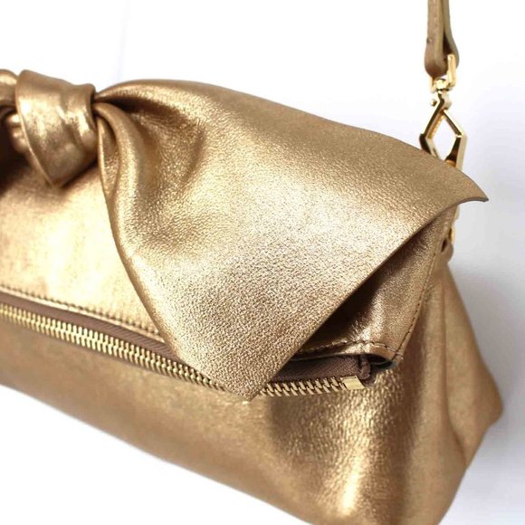 RARE Burberry Prorsum Celebrating LA Gold Leather Shoulder Bag Clutch Zip Bow - Picture 3 of 8